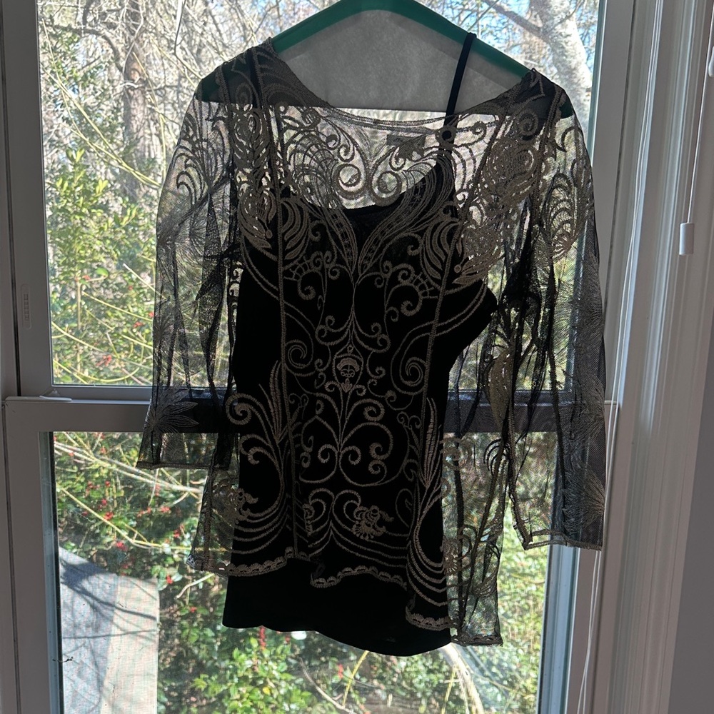 Ultra Pink Black and Gold Sheer Lace Blouse